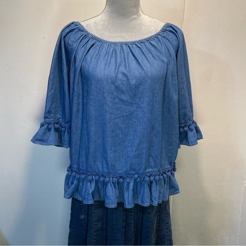 #0246 Hester & Orchard Denim Blue Ruffled Relaxed Blouse w/ Tassels-S - Picture 1 of 8
